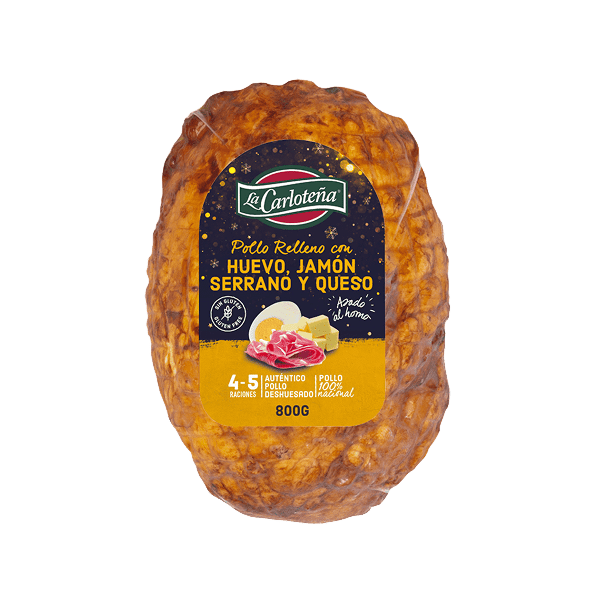Pollo relleno al horno con huevo, jamón serrano y queso 800g